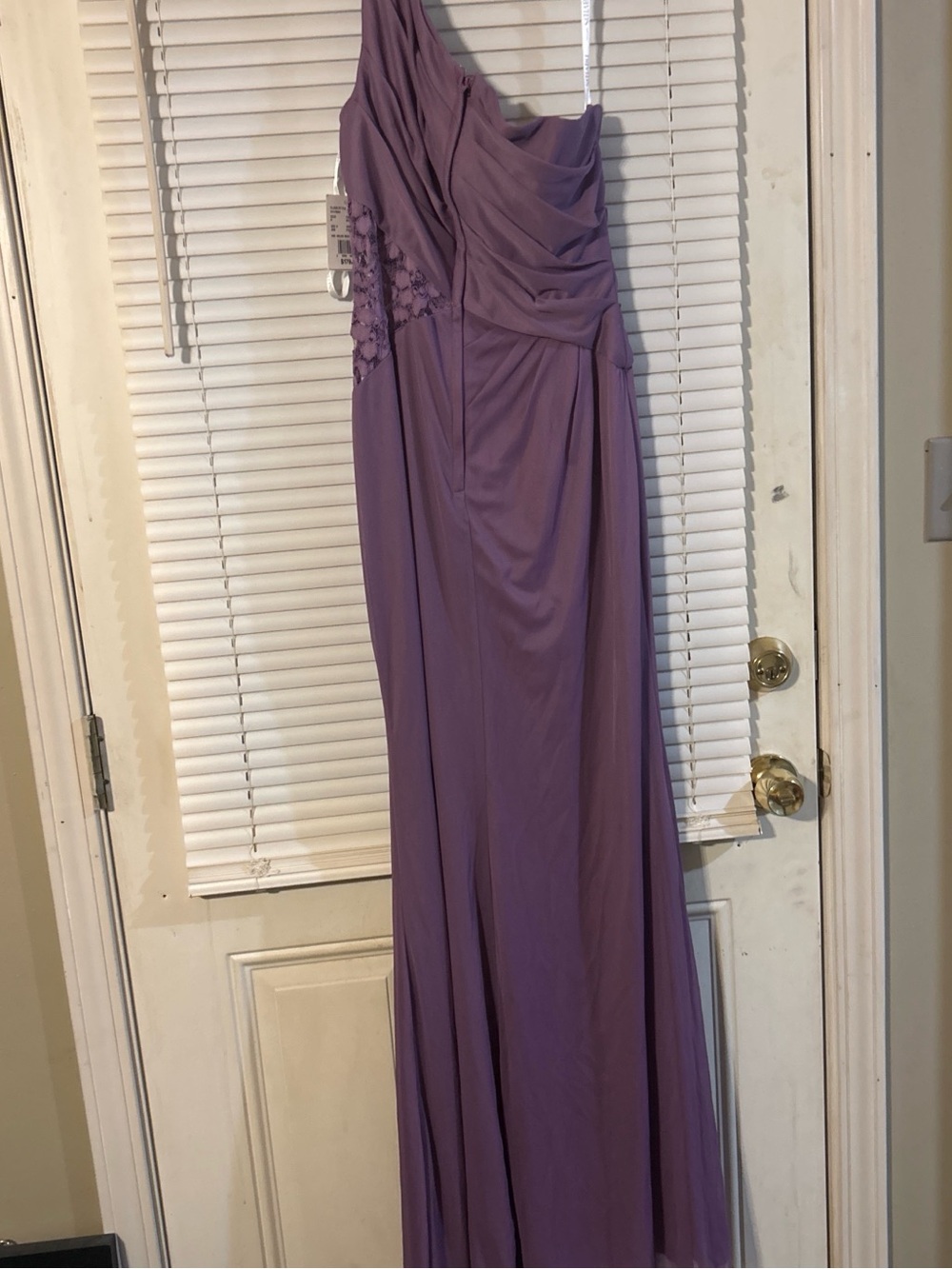 David's Bridal One-Shoulder Mauve Evening Gown Length is 60” strap to bottom - Picture 5 of 7